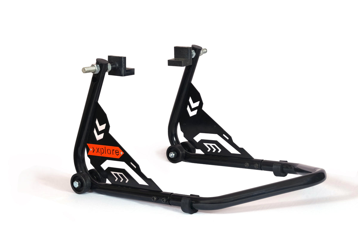 Explore Marvel edition universal bike paddock stand with spool and swingarm lift holders for motorcycle maintenance.