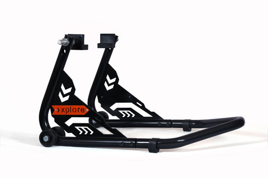 Explore Marvel Edition universal bike paddock stand with spool and swingarm lift holders for motorcycle maintenance and stability.