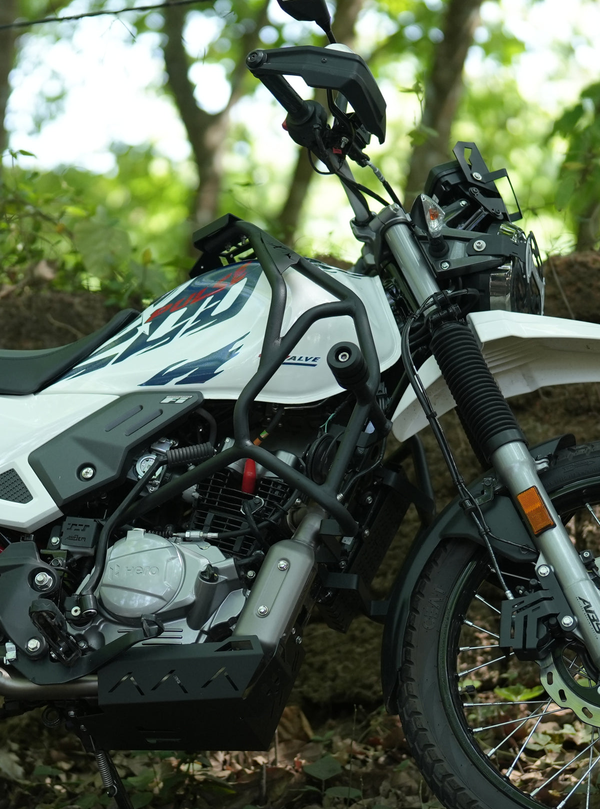 Jorjem Xpulse 200 custom trail edition crash guard mounted on a motorcycle, showcasing robust design and protective features.