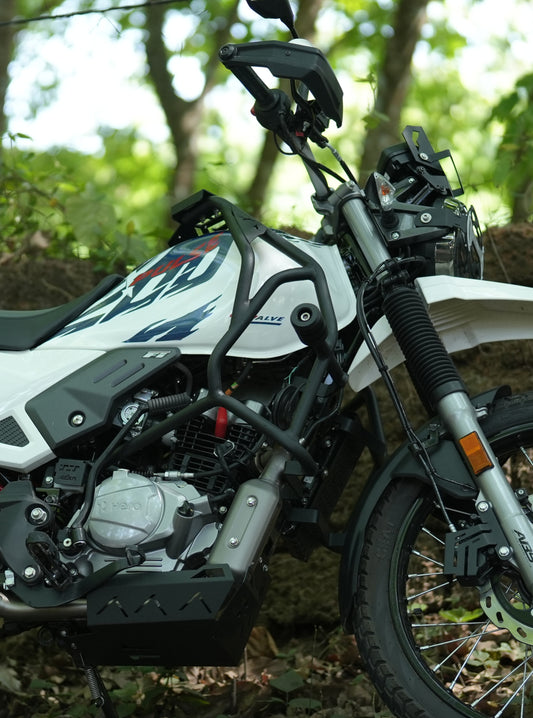Jorjem Xpulse 200 custom trail edition crash guard mounted on a motorcycle, showcasing robust design and protective features.