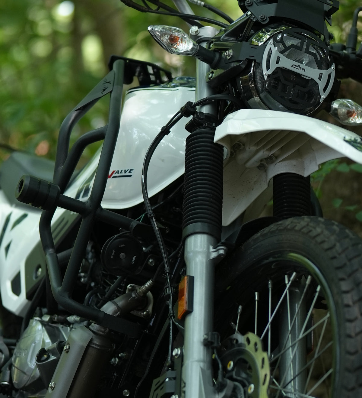 Jorjem Xpulse 200 custom trail edition crash guard installed on a motorcycle, showcasing rugged design and durable materials.