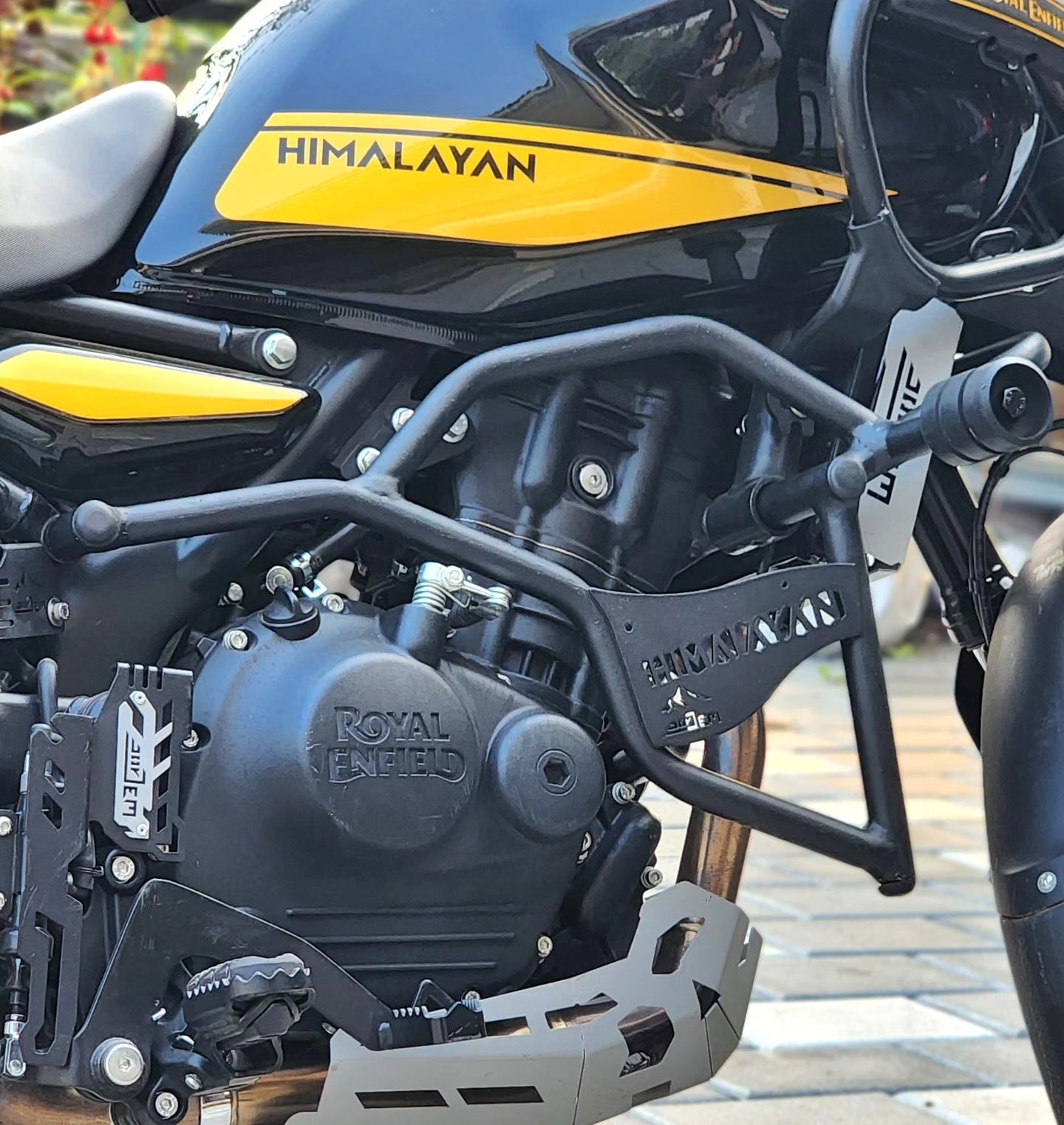 Jorjem Trail edition crash guard for Himalayan 450, showcasing rugged design and durable material for motorcycle protection.