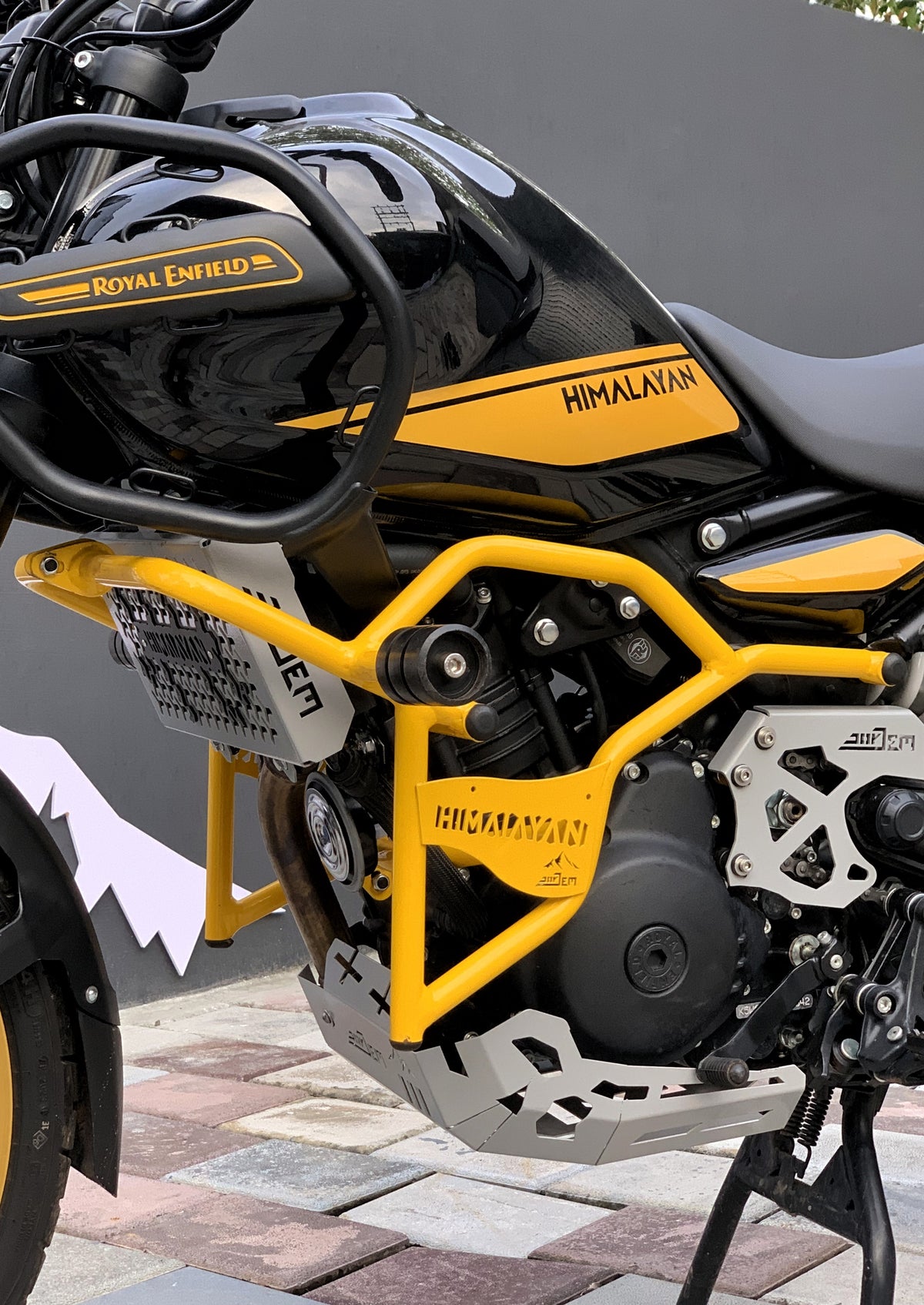 Jorjem Trail edition crash guard for Himalayan 450, showcasing durable design and fit for protective motorcycle gear.