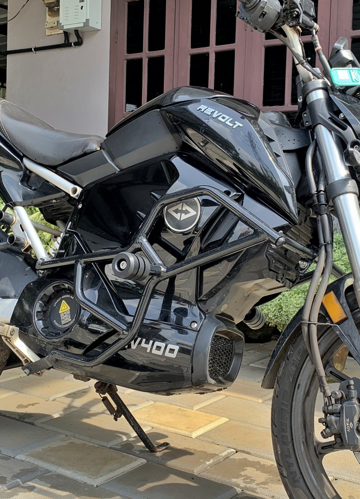 Jorjem Revolt RV 400 crash guard with sliders, showcasing robust construction and fit for motorcycle protection.