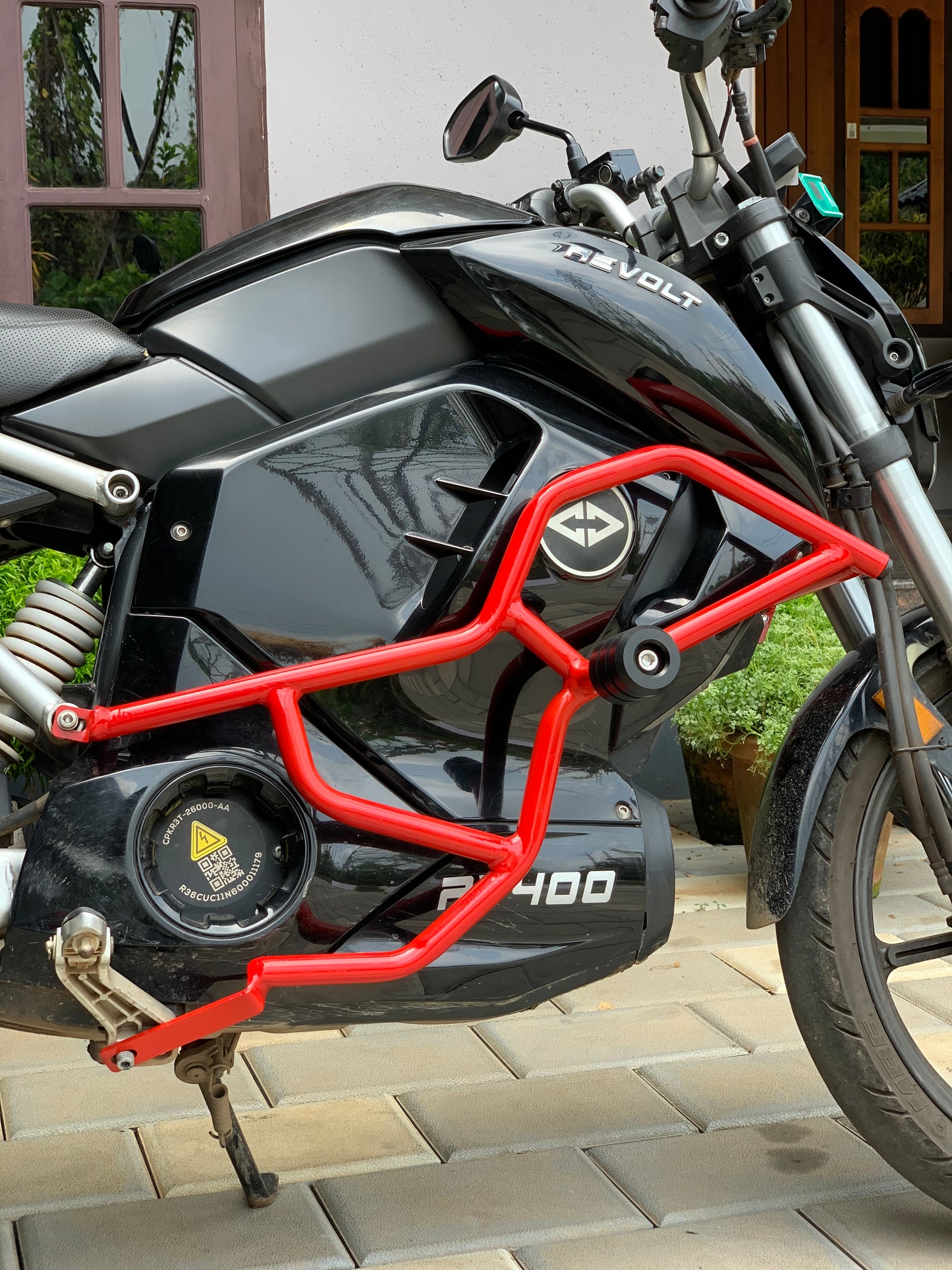 Jorjem Revolt RV 400 crash guard with sliders, showcasing durable design and protective features for motorcycle safety.