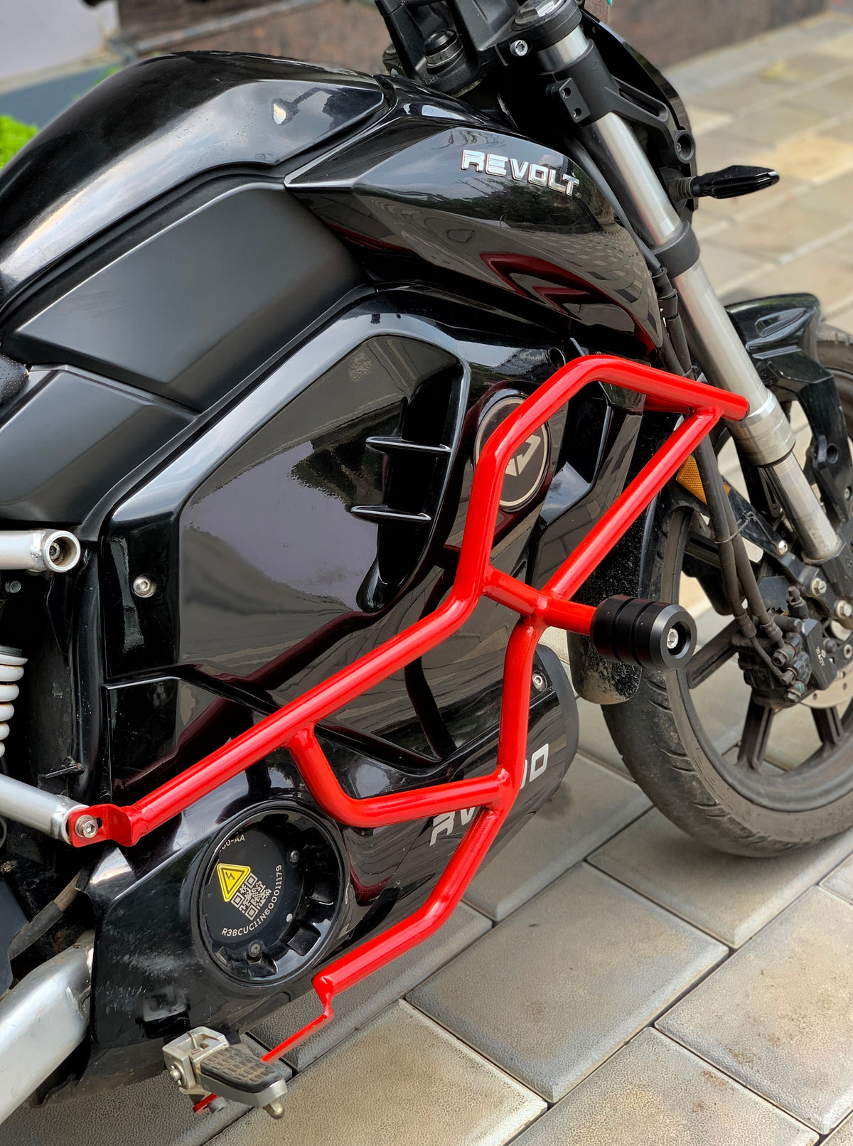 Jorjem Revolt RV 400 crash guard with sliders, showcasing durable design and protective features in black finish.