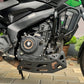 Jorjem International bash plate for Dominar 250 and 400 motorcycle, durable metal shield installed under the bike.