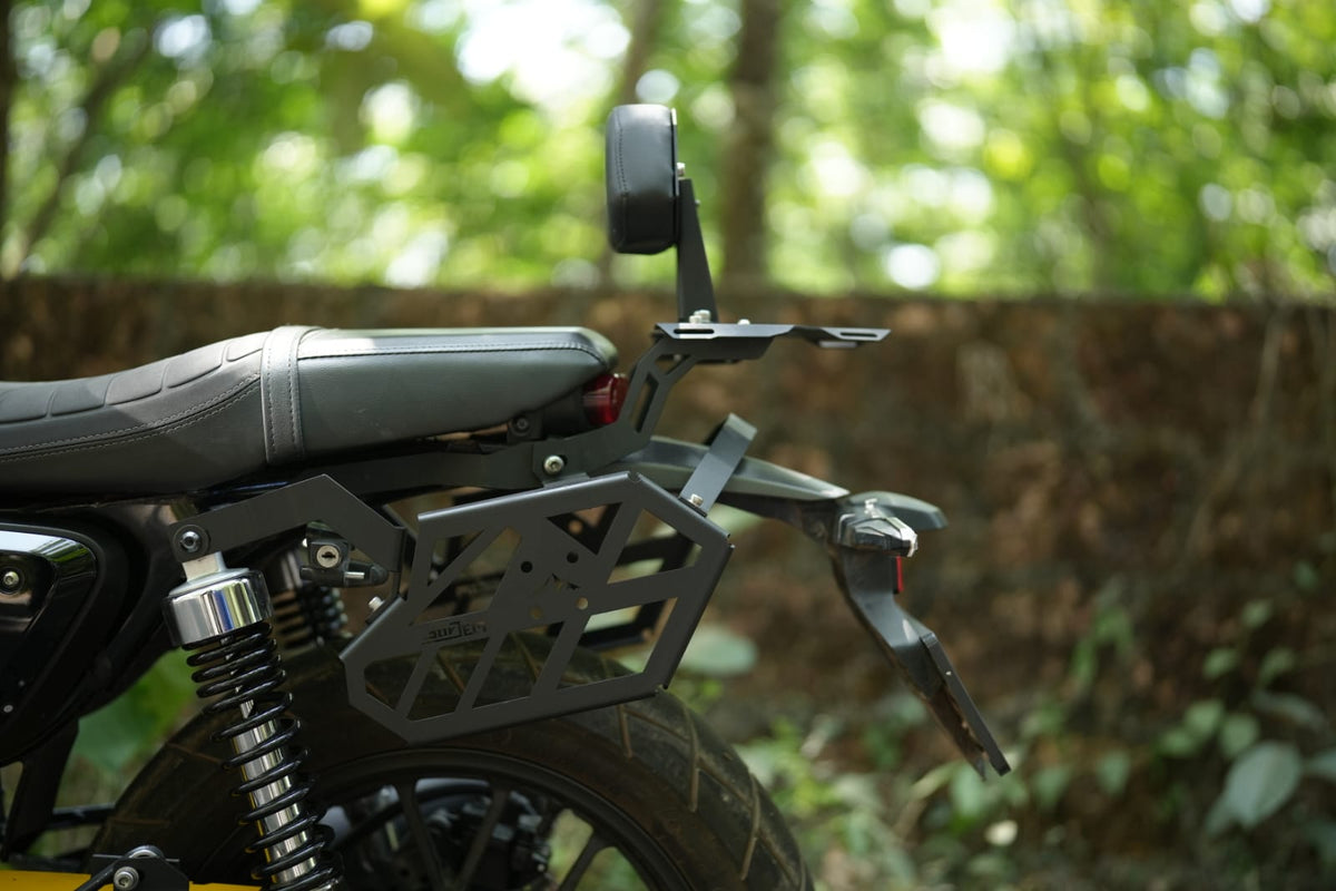 Cb350rs back rest and luggage carrier combo by Jorjem International, showcasing sturdy design for enhanced comfort and utility.