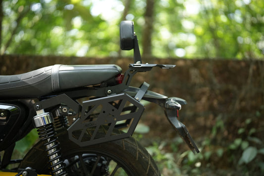 Cb350rs back rest and luggage carrier combo by Jorjem International, showcasing sturdy design for enhanced comfort and utility.