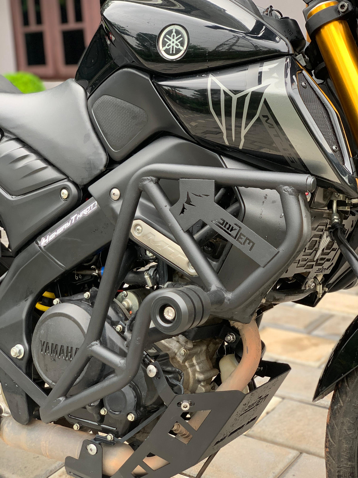 Yamaha MT 15 Crash Guard by Jorjem, showcasing robust design and fit for enhanced motorcycle protection.