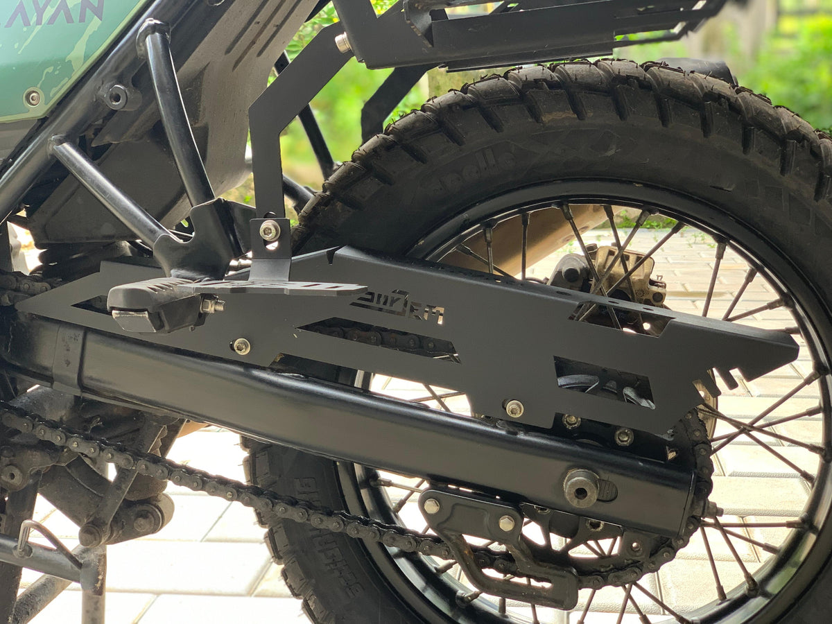 Chain guard designed for Himalayan 411 motorcycle by Jorjem International, showcasing durable material and precise fit.