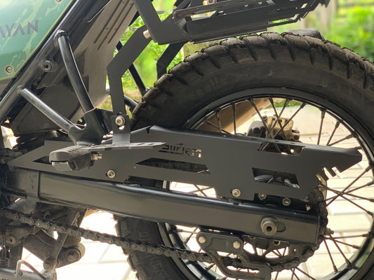Chain guard for Himalayan 411 by Jorjem International, showcasing durable design and precise fit for motorcycle protection.