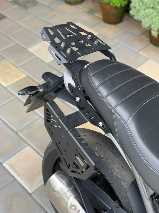 Triumph Speed 400 luggage carrier by Jorjem International, showcasing sturdy design and mounting features for motorcycles.