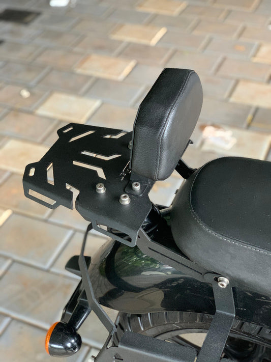Backrest and luggage carrier combo for Meteor 350 by Jorjem International, showcasing sturdy design and sleek finish.