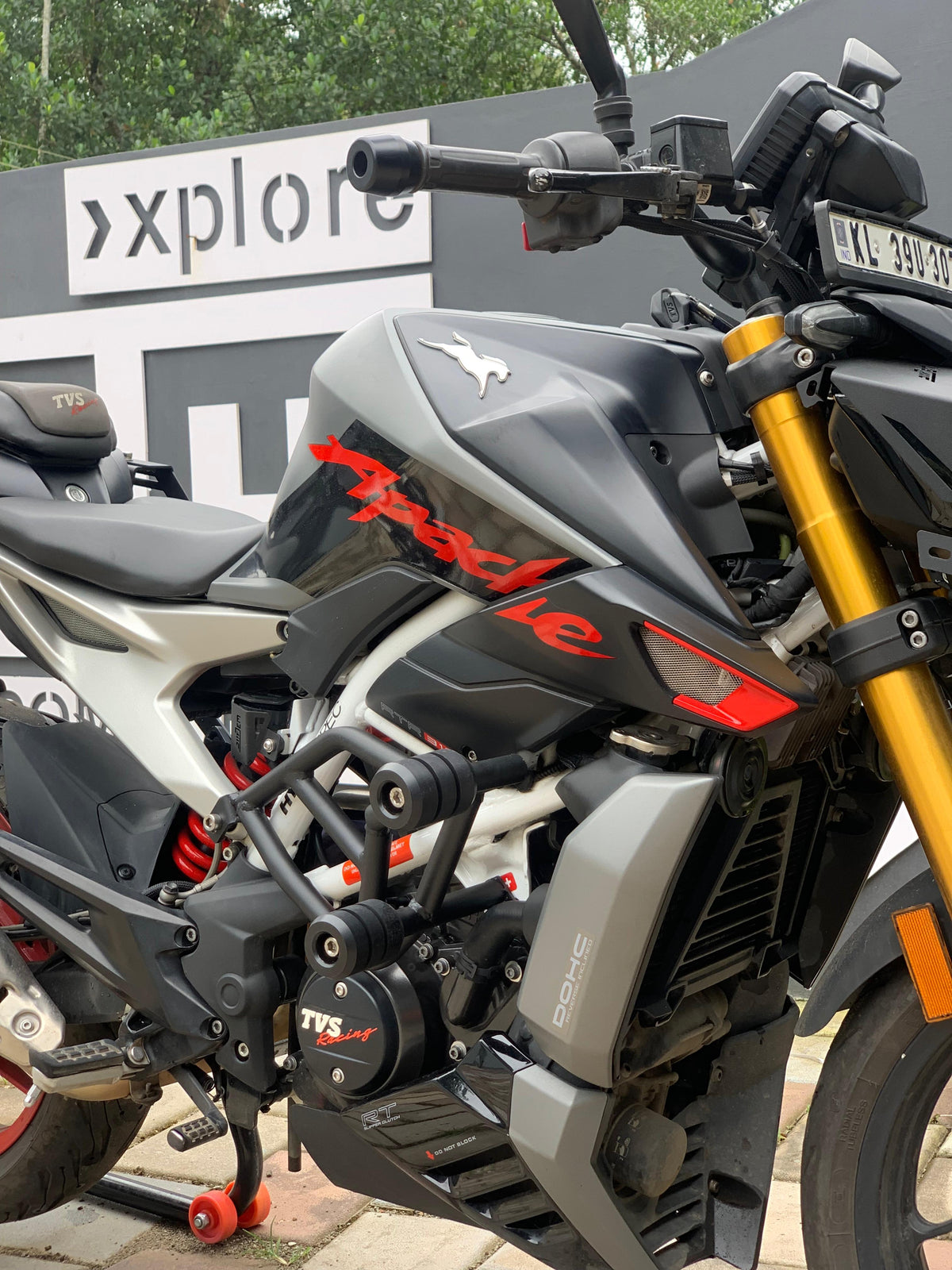 Jorjem International PVT LTD RTR 310 crash guard installed on motorcycle for protection and durability.