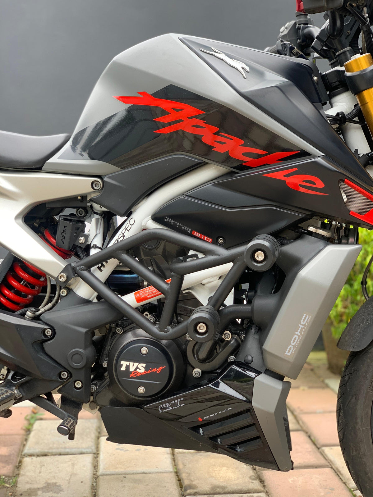 Jorjem International Pvt Ltd RTR 310 crash guard mounted on motorcycle for protection and durability.