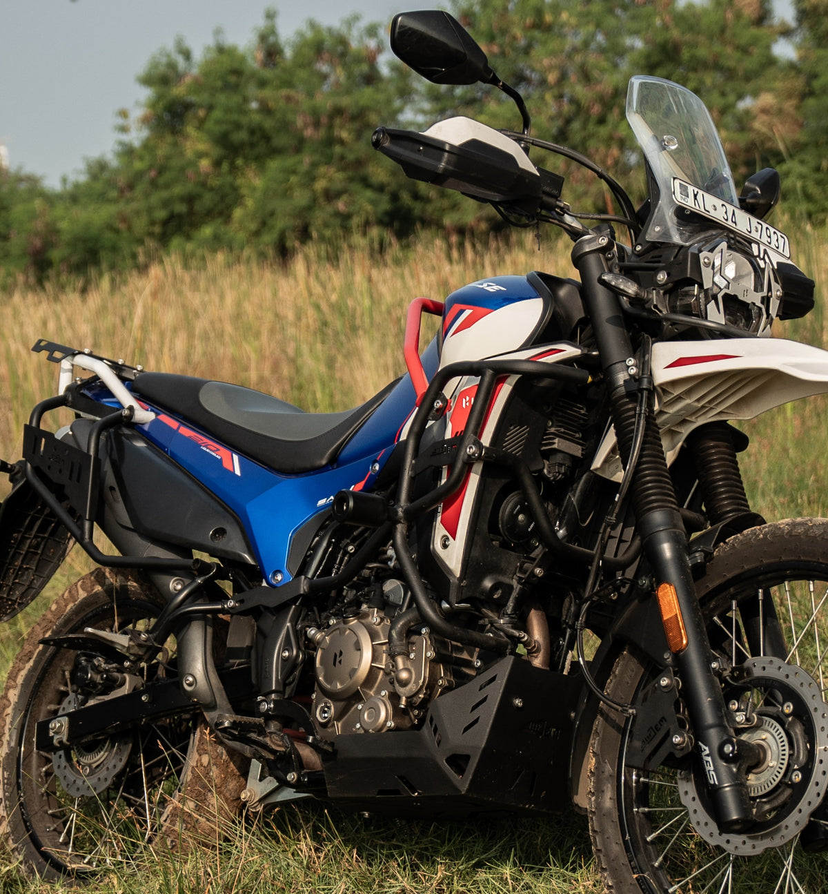 Jorjem Xpulse 210 trail edition crash guards installed on a motorcycle, showcasing robust protection and design.