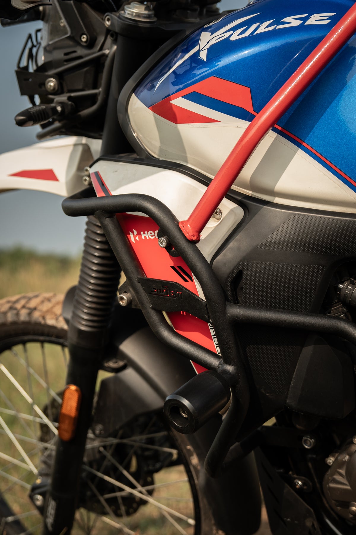 Jorjem Xpulse 210 trail edition crash guards mounted on a motorcycle, showcasing durable design and protective features.